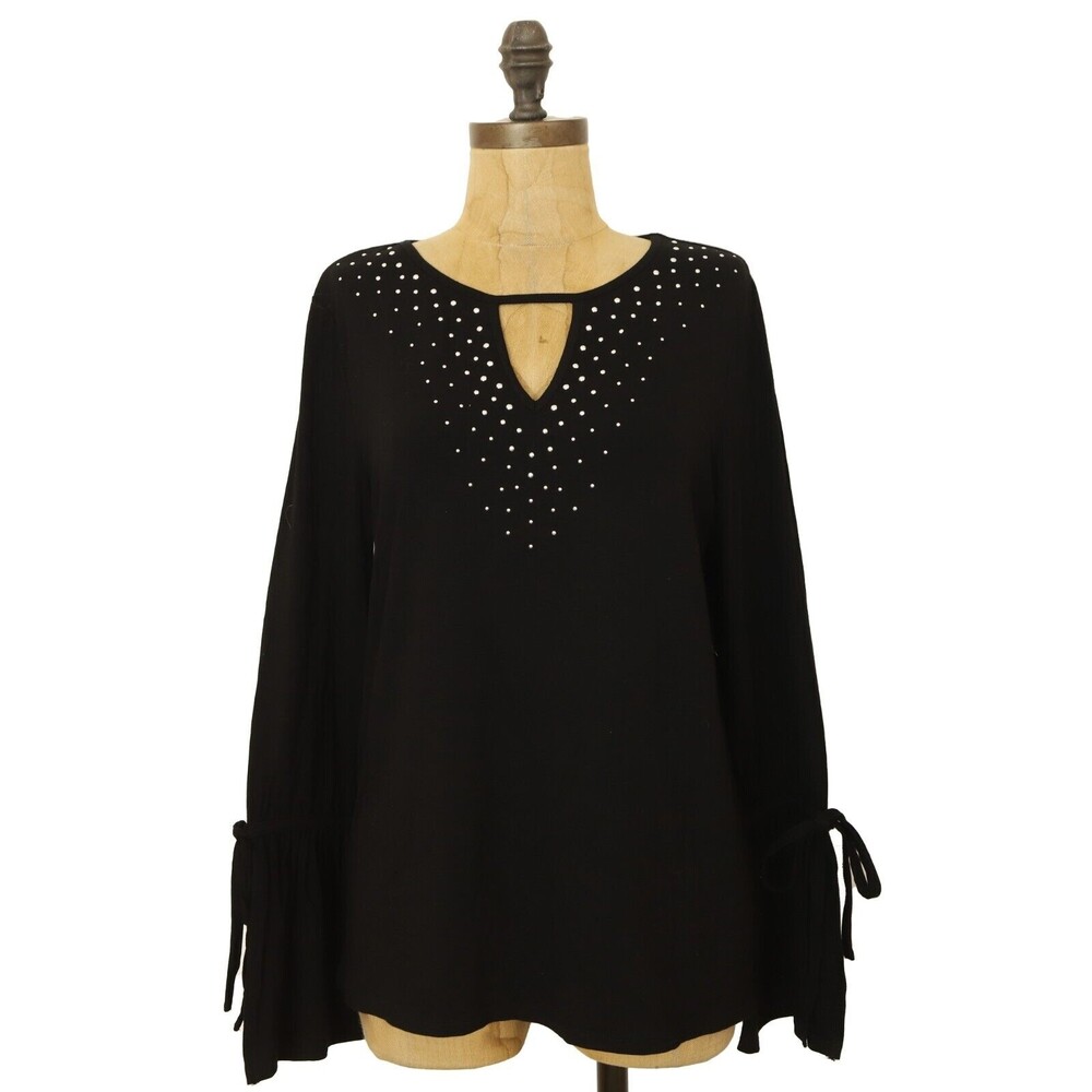 Adrianna Papell Beaded Keyhole Bell Sleeve Top M Stretch Blouse Black EUC B90